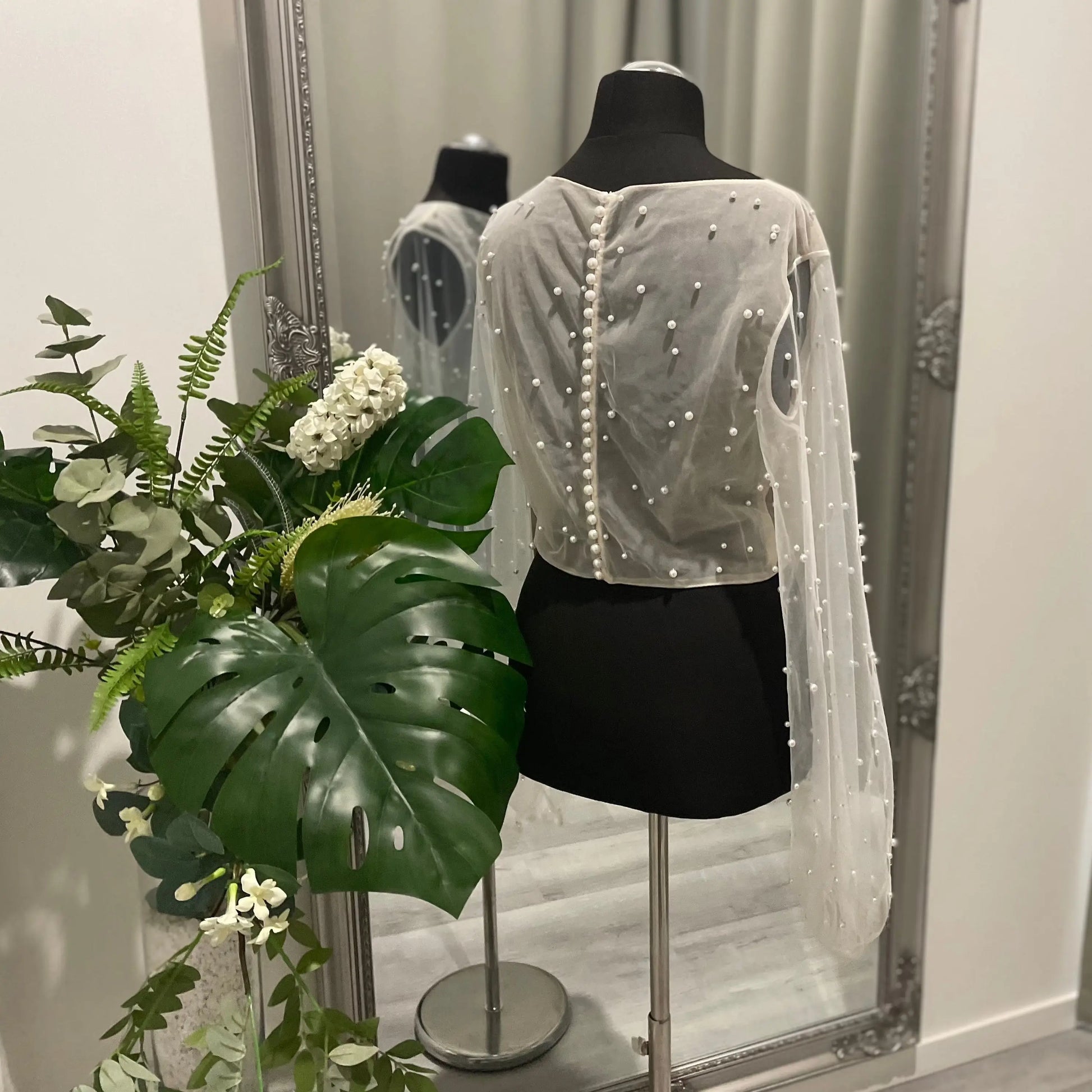 Darcy Pearl Wedding Bridal Topper with Elegant Draping and Puff Sleeves.