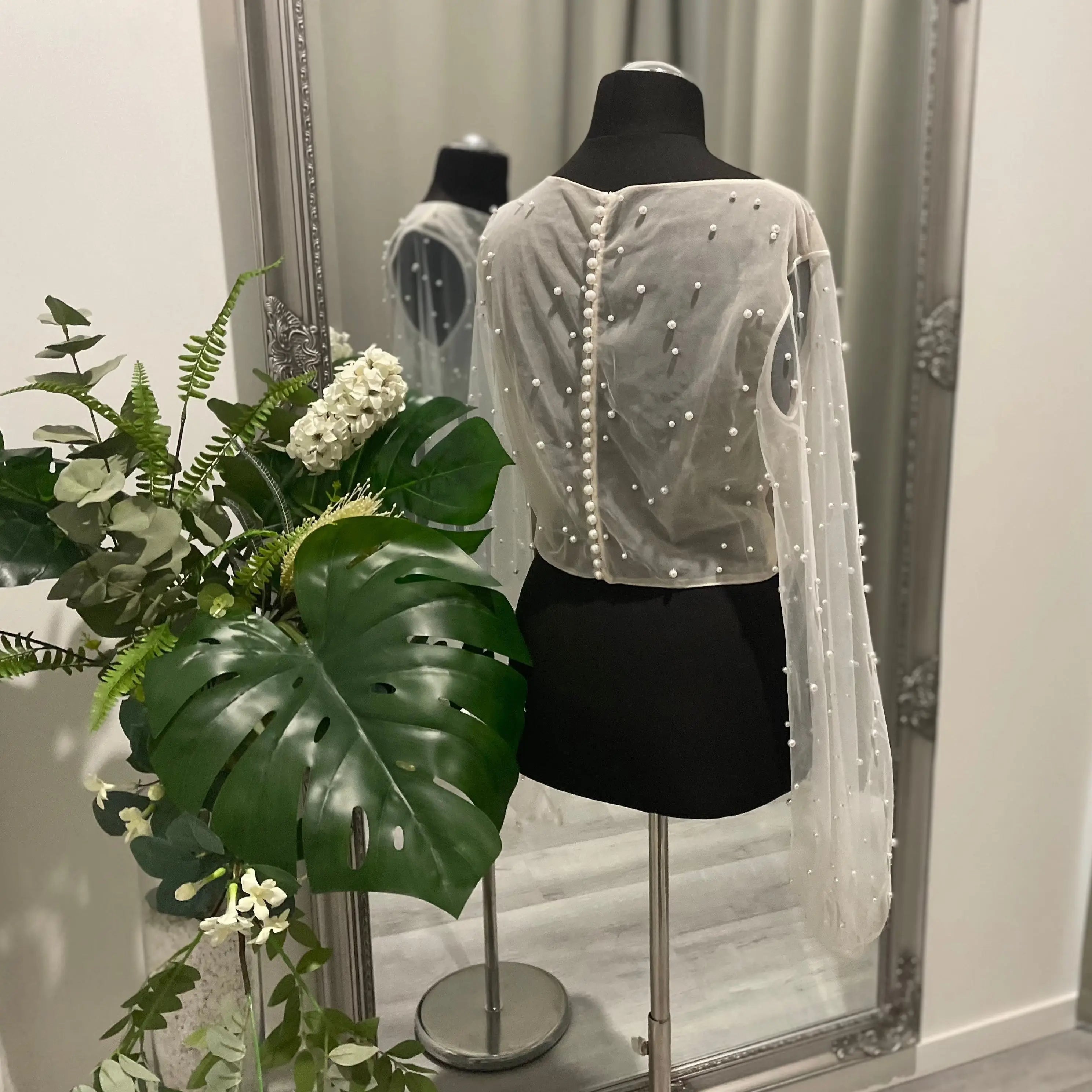 Darcy Pearl Wedding Bridal Topper with Elegant Draping and Puff Sleeves.
