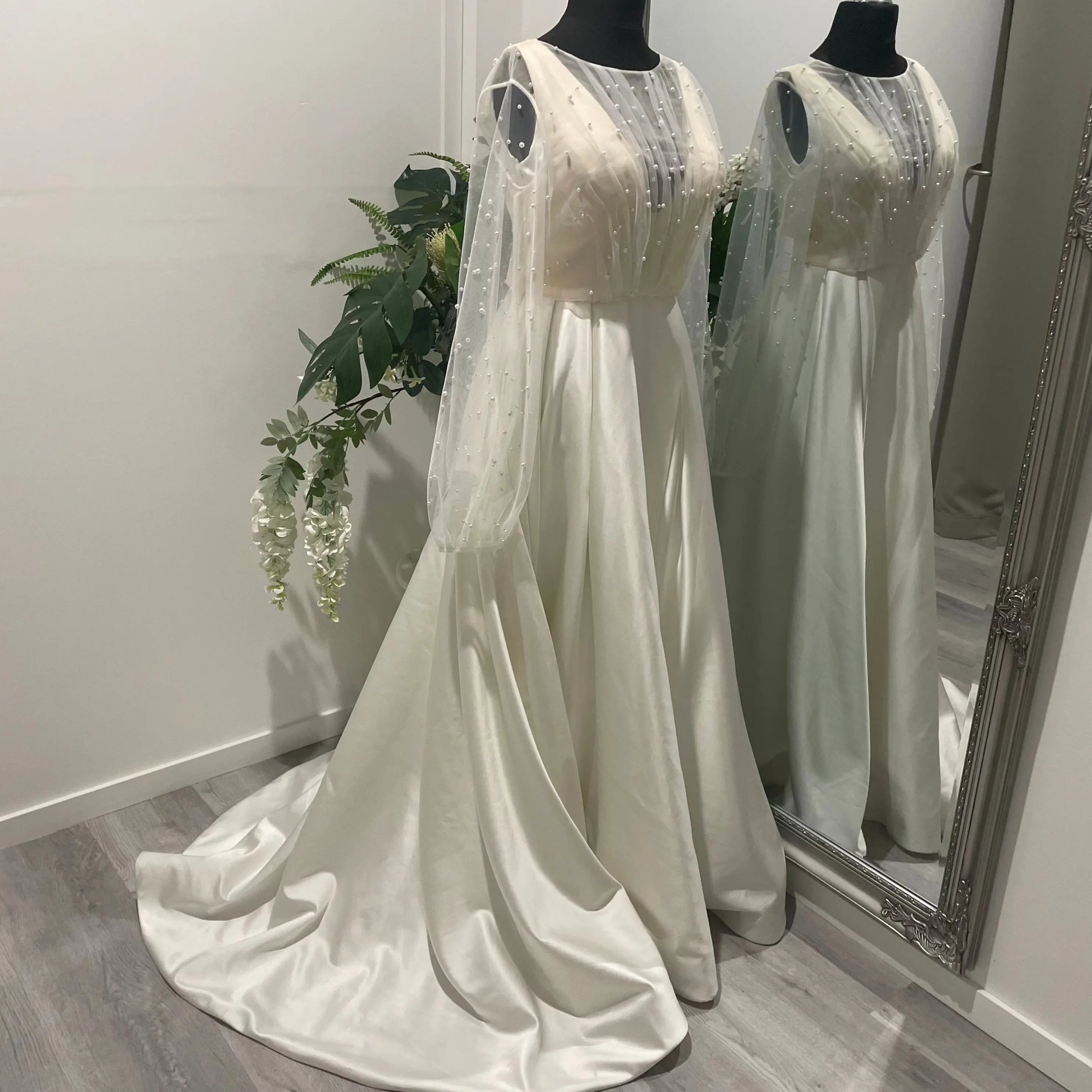 Darcy Pearl Wedding Bridal Topper with Elegant Draping and Puff Sleeves.