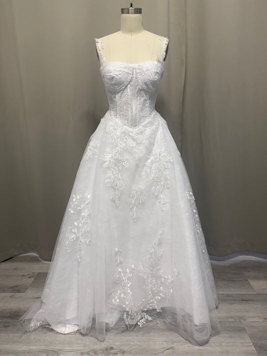 Deborah V1 white lace appliqué deb ball dress, front view on mannequin, sweetheart corset bodice, lace straps and full tulle skirt