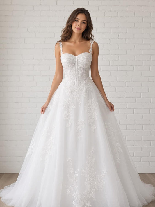 Deborah V1 white lace appliqué deb ball dress, front view on mannequin, sweetheart corset bodice, lace straps and full tulle skirt