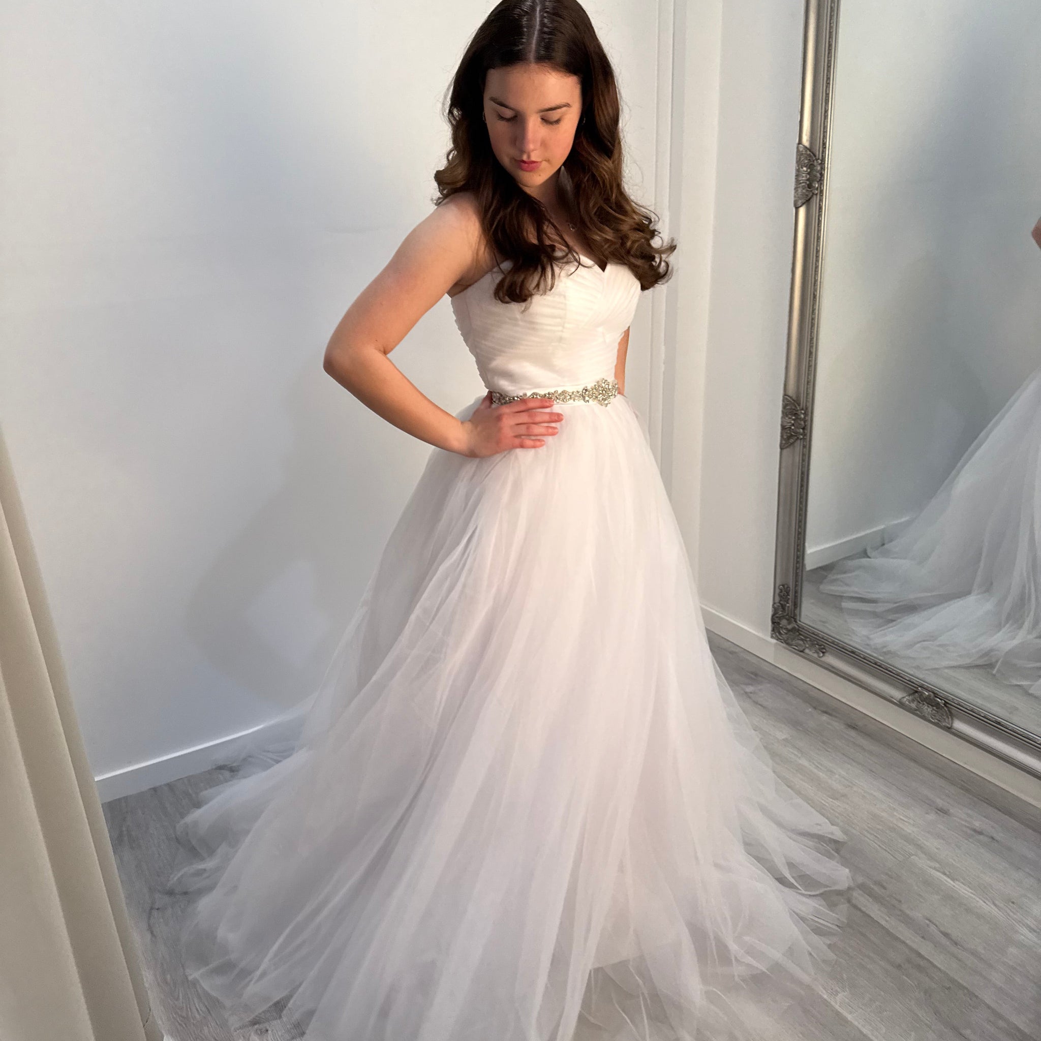 Elara Debutante Dress with sweetheart bodice, sparkling waistband, and flowing white tulle skirt – Divine Bridal Melbourne.