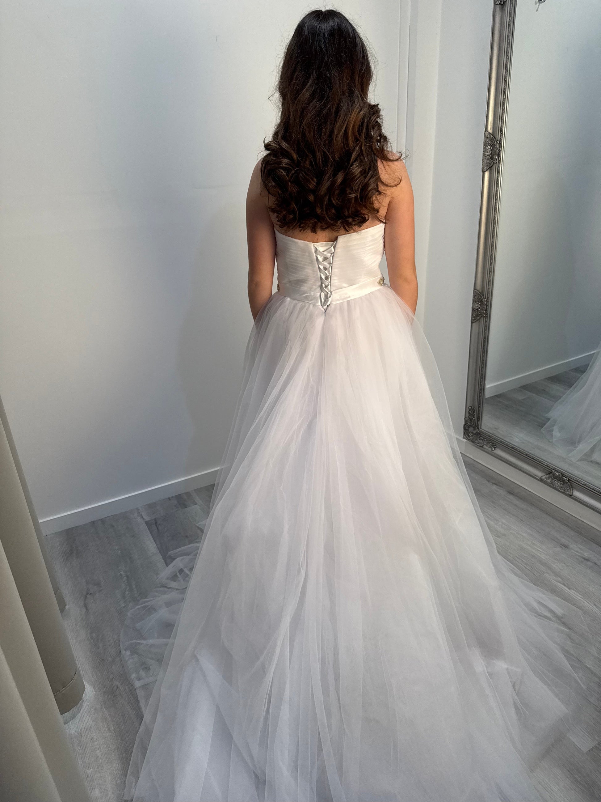 Back view of Elara Debutante Gown featuring lace-up corset closure and layered tulle skirt – Melbourne debutante dress 2025.