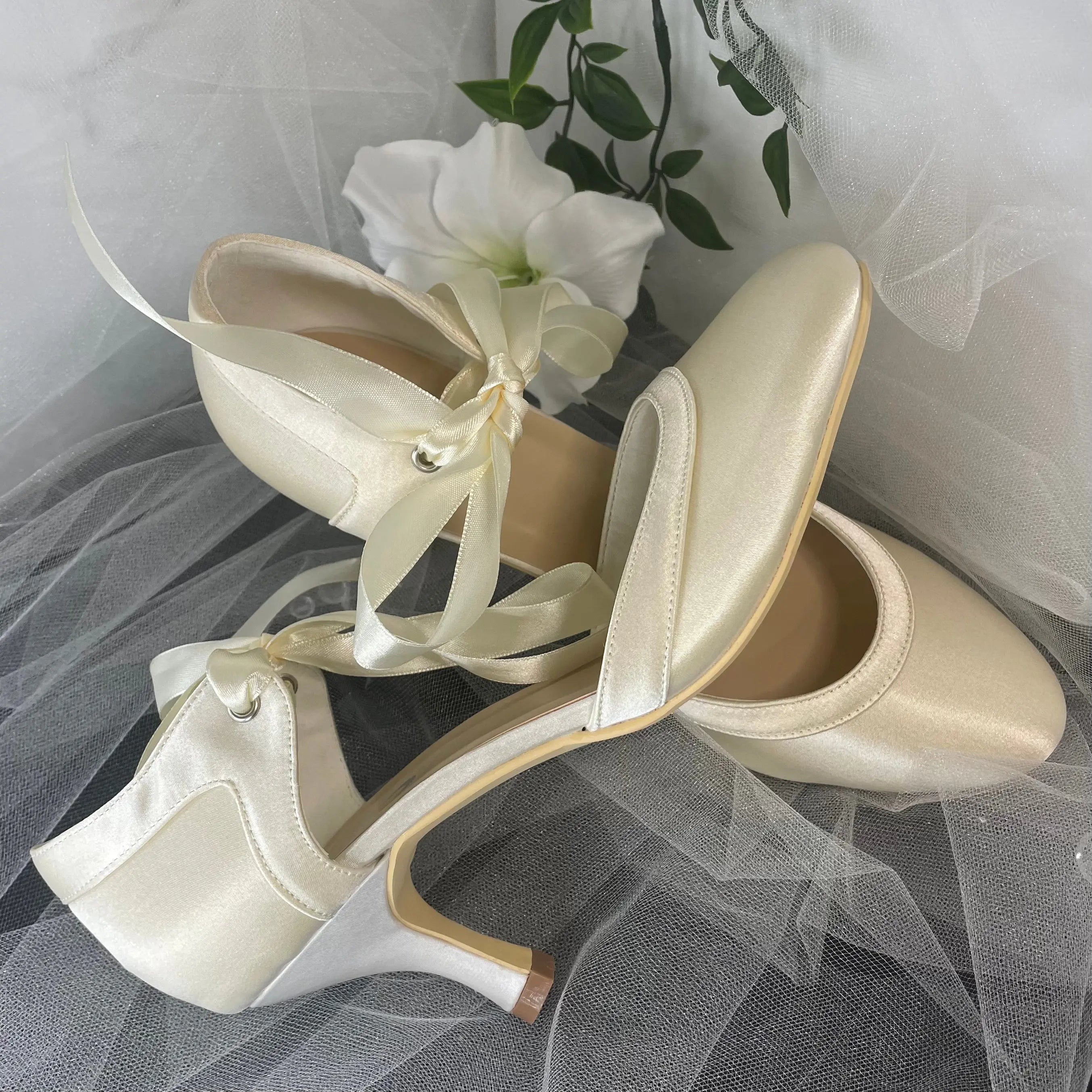 Ellie Closed Toe Ribbon Ankle Strap Wedding Bridal Shoe.