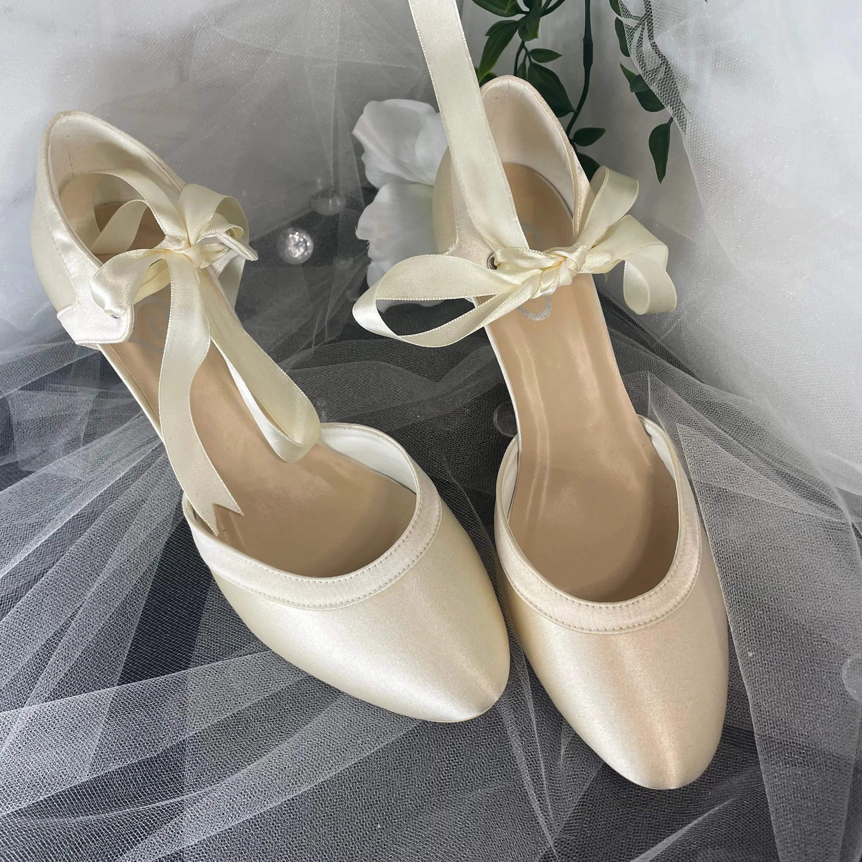 Ellie Closed Toe Ribbon Ankle Strap Wedding Bridal Shoe.