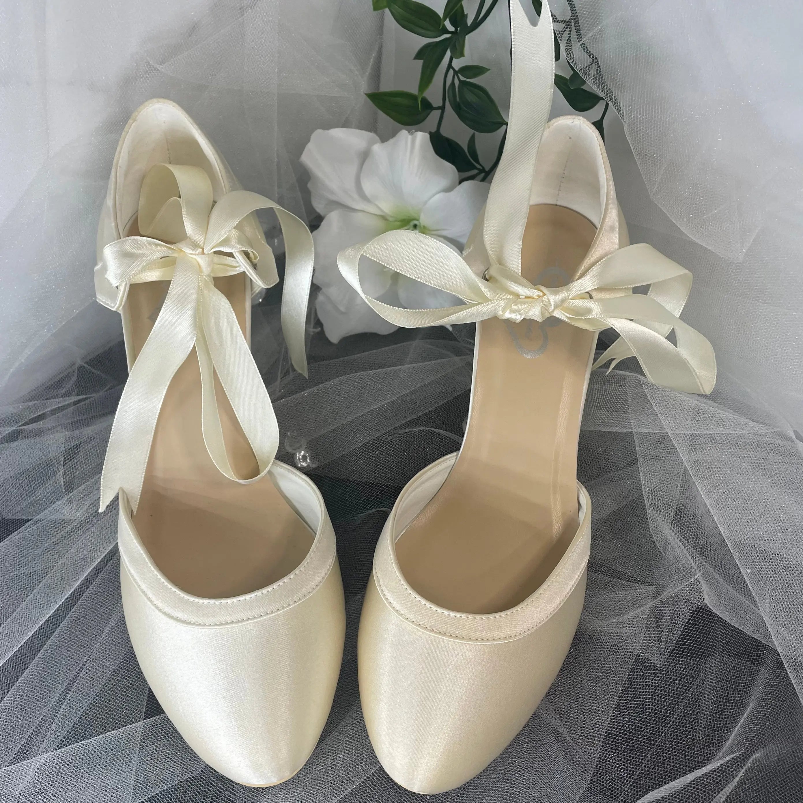 Ellie Closed Toe Ribbon Ankle Strap Wedding Bridal Shoe.