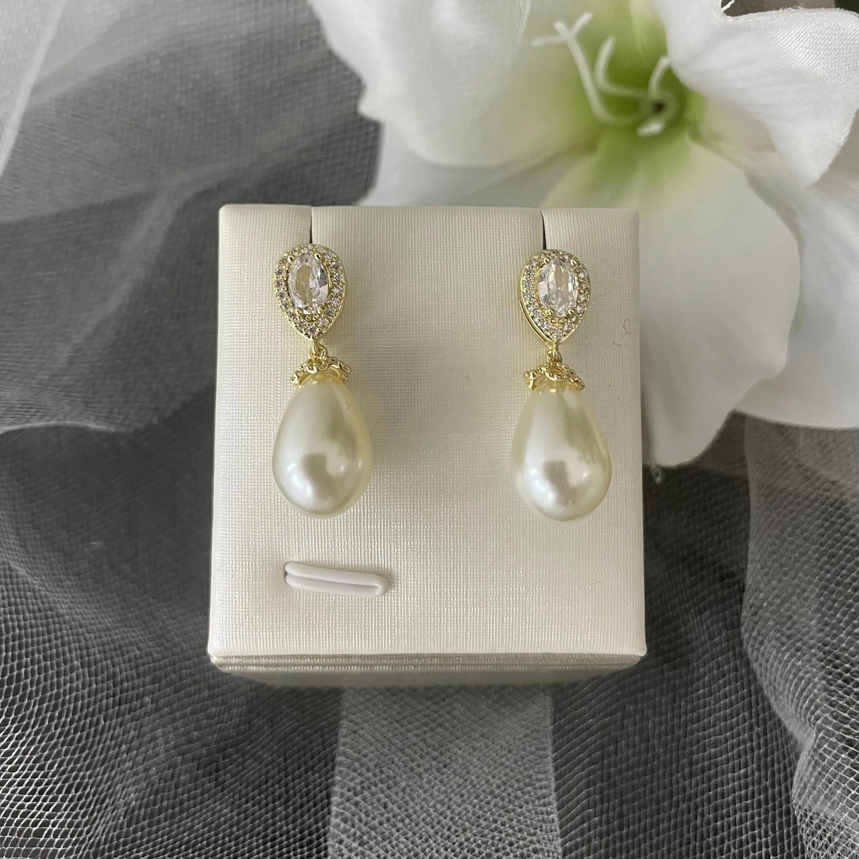 Eloise Luminous Pearl and Crystal Bridal Gold Drop Earrings | Divine Bridal.