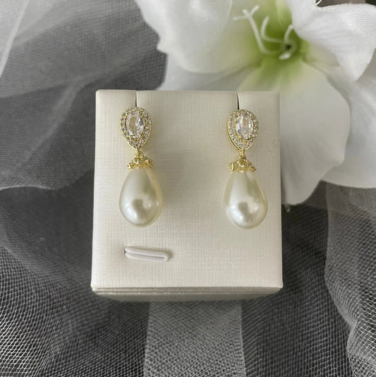 Eloise Luminous Pearl and Crystal Bridal Gold Drop Earrings | Divine Bridal.
