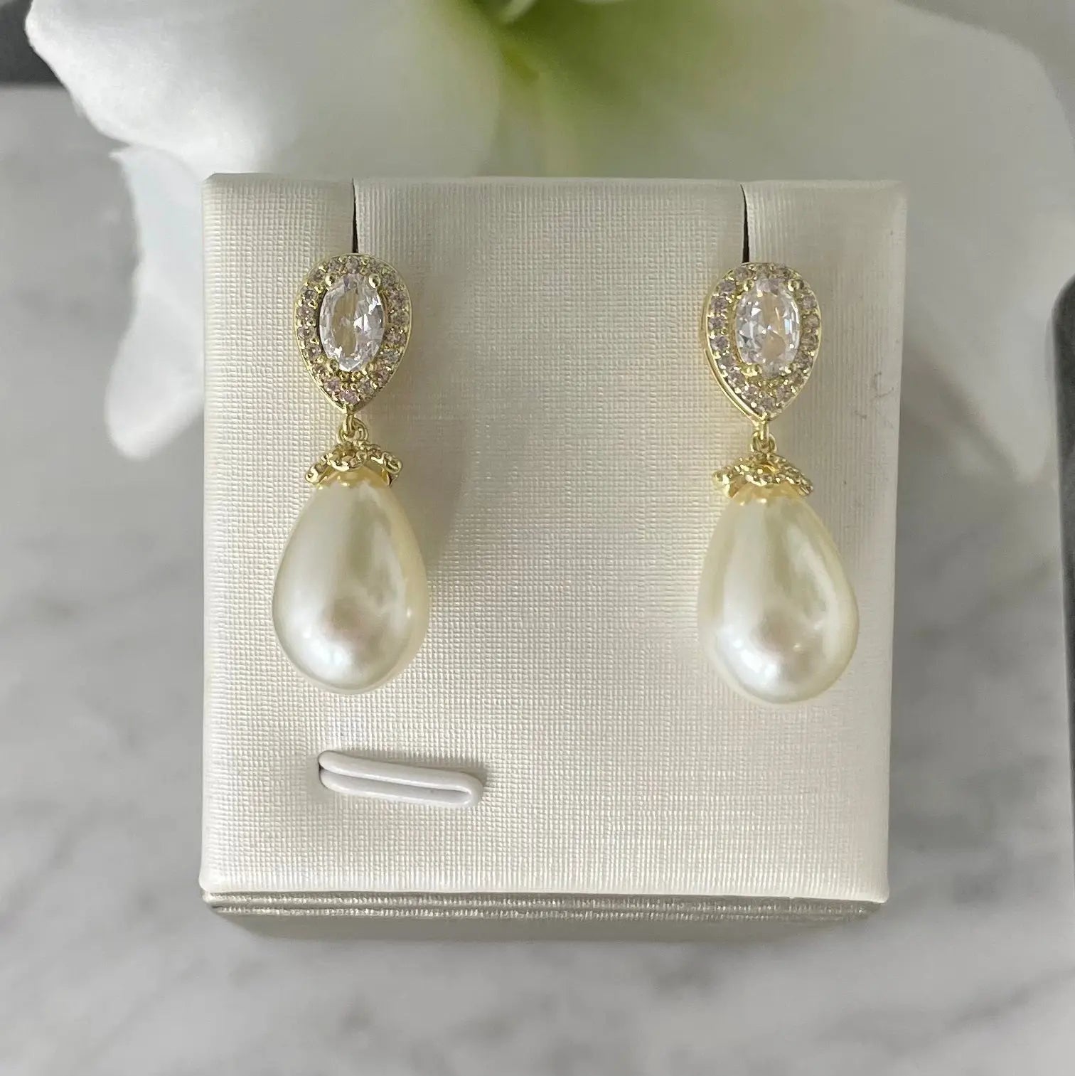 Eloise Luminous Pearl and Crystal Bridal Gold Drop Earrings | Divine Bridal.
