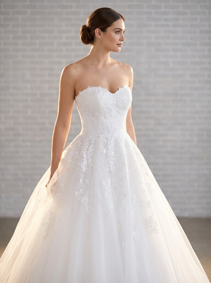 Close-up of the lace sweetheart bodice and skirt details on the Eve debutante dress