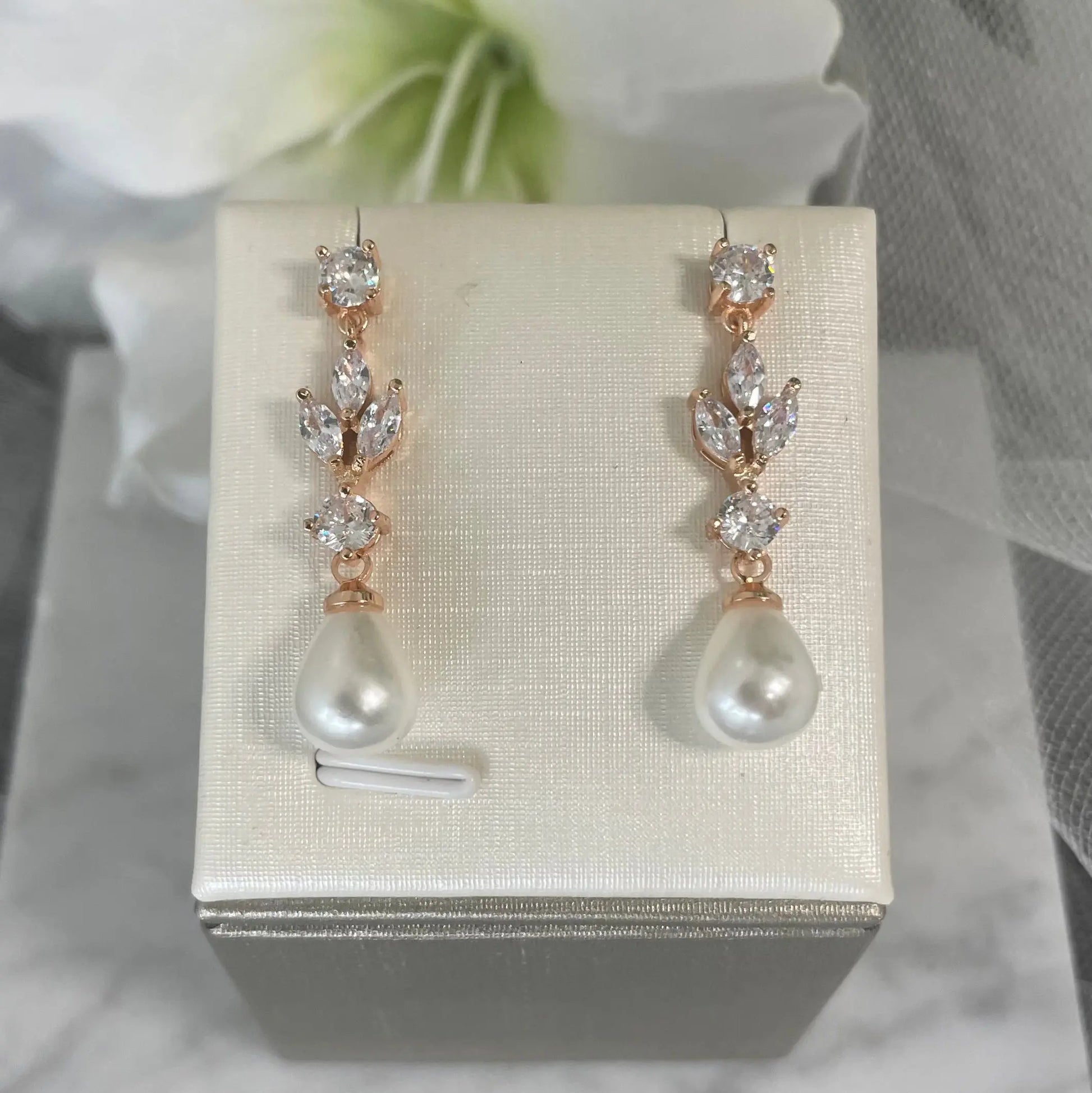 Evelyn Pearl and CZ Leaf Bridal Drop Earrings | Divine Bridal.