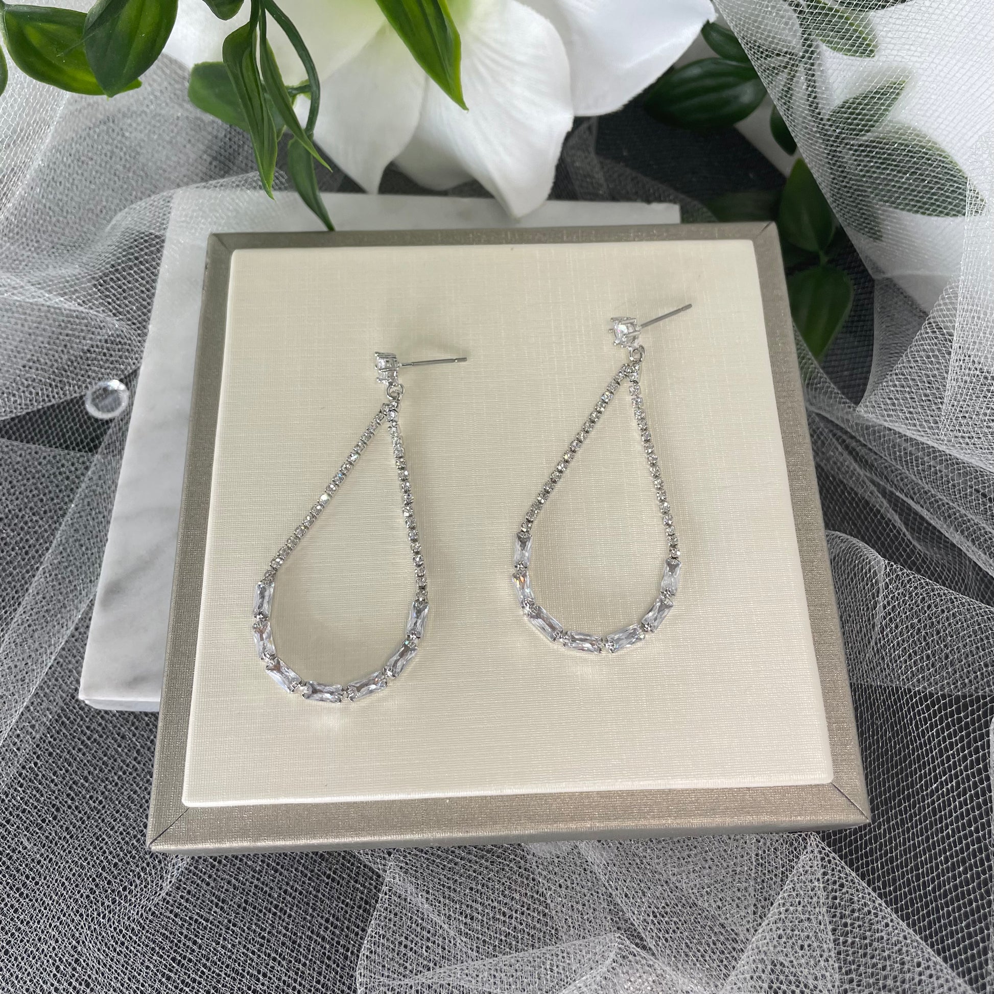 Elegant Andorra teardrop hoop bridal earrings with crystals and diamantés.