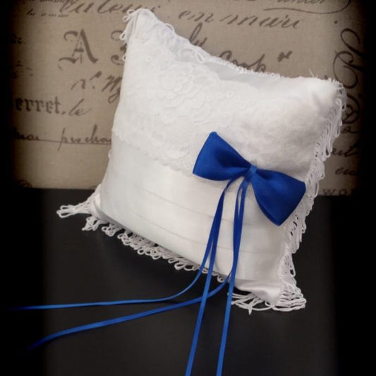 Lace, Ribbon & Royal Blue Bow Wedding Ring Pillow