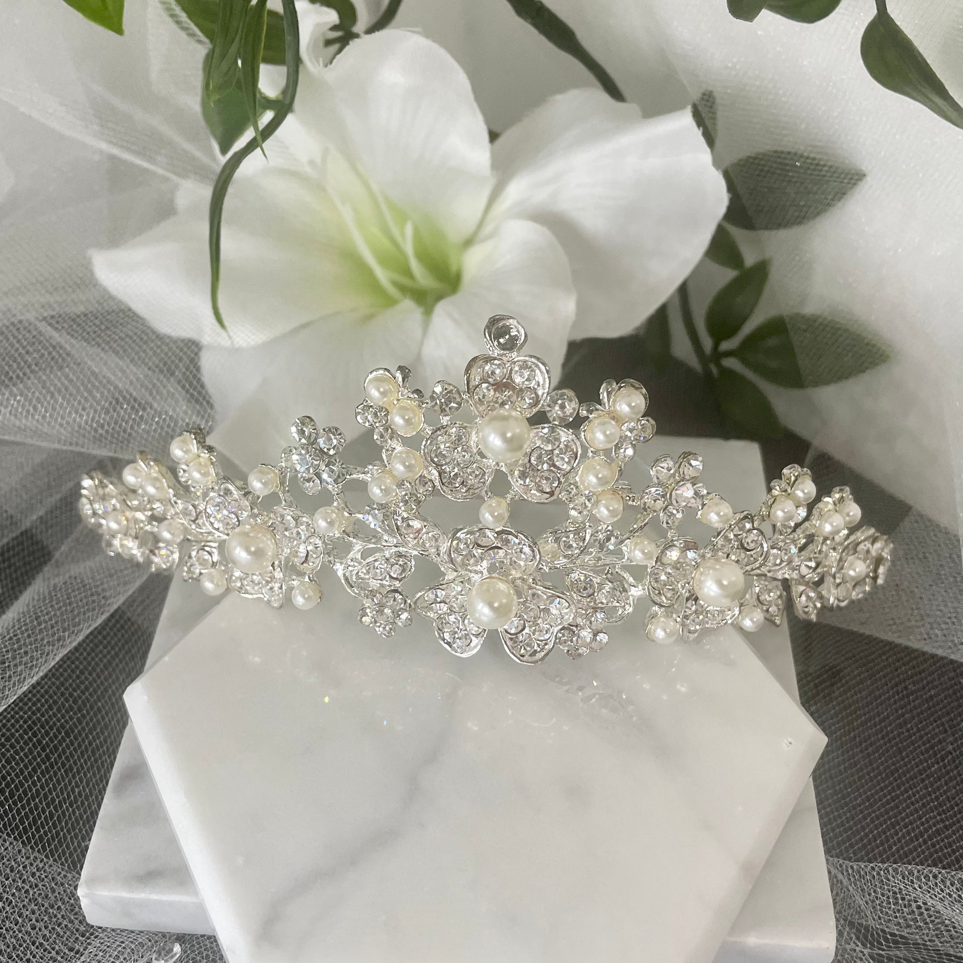 "Rosita Bridal Tiara - Exquisite Floral Design for a Radiant Wedding Day Look"
