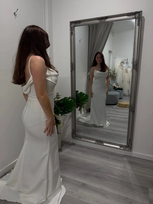Mirror reflection of the Freya cowl neck wedding dress Melbourne at Divine Bridal Macleod