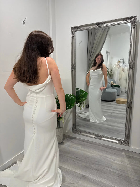 Mirror reflection of the Freya cowl neck wedding dress Melbourne at Divine Bridal Macleod