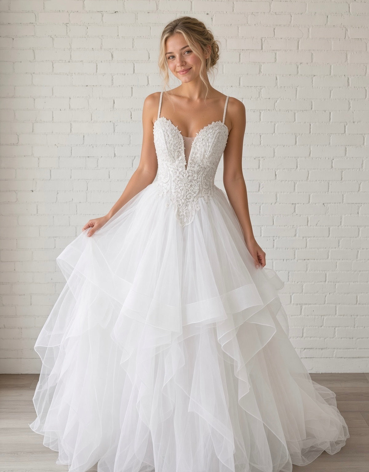 Penny V1 White Debutante Dress – Beaded V-Neck Lace Bodice with Layered Tulle Skirt (Copy).