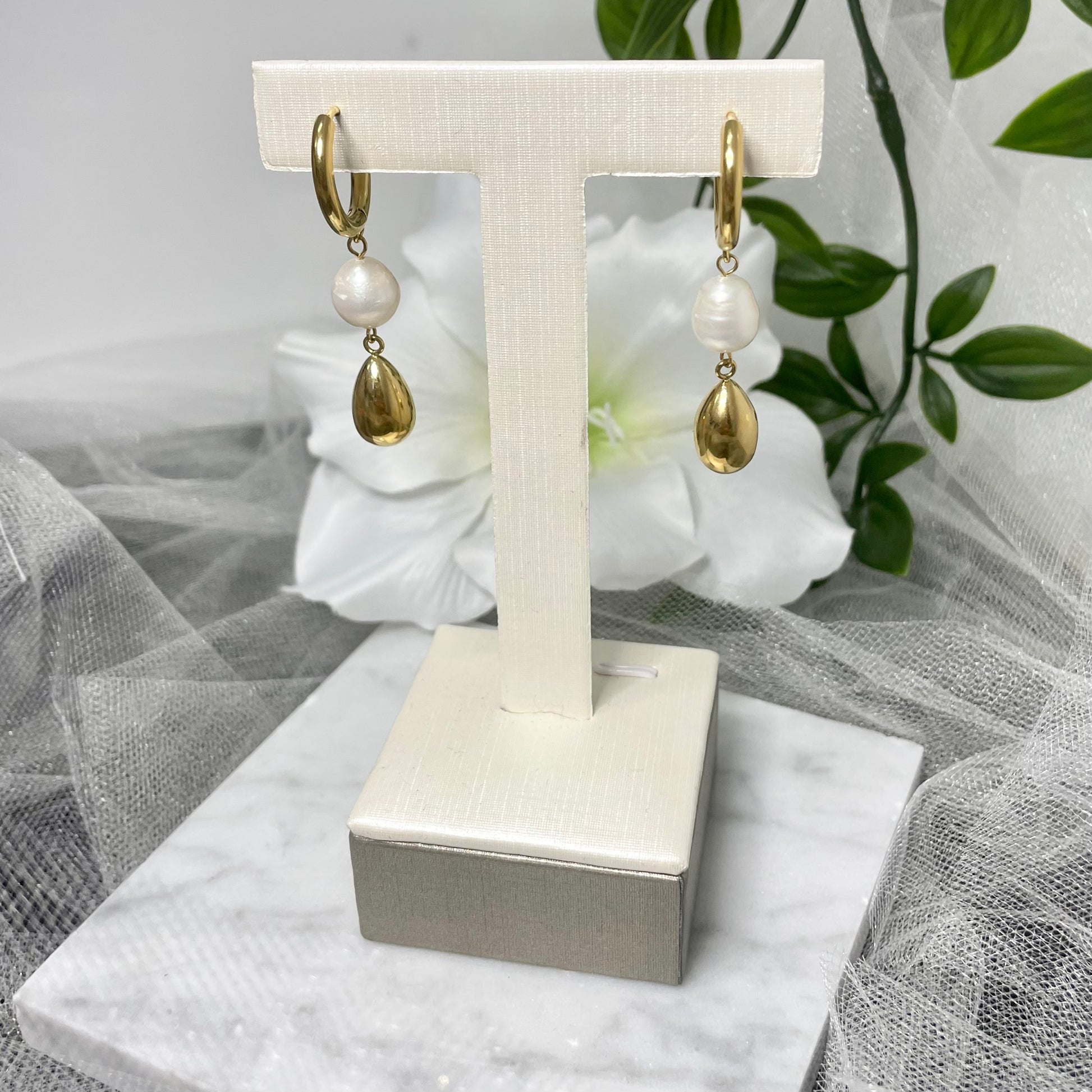 Luminara Waterfall Pearl Earrings in 18k Gold Plated Stainless Steel with Natural Freshwater Pearl Drop