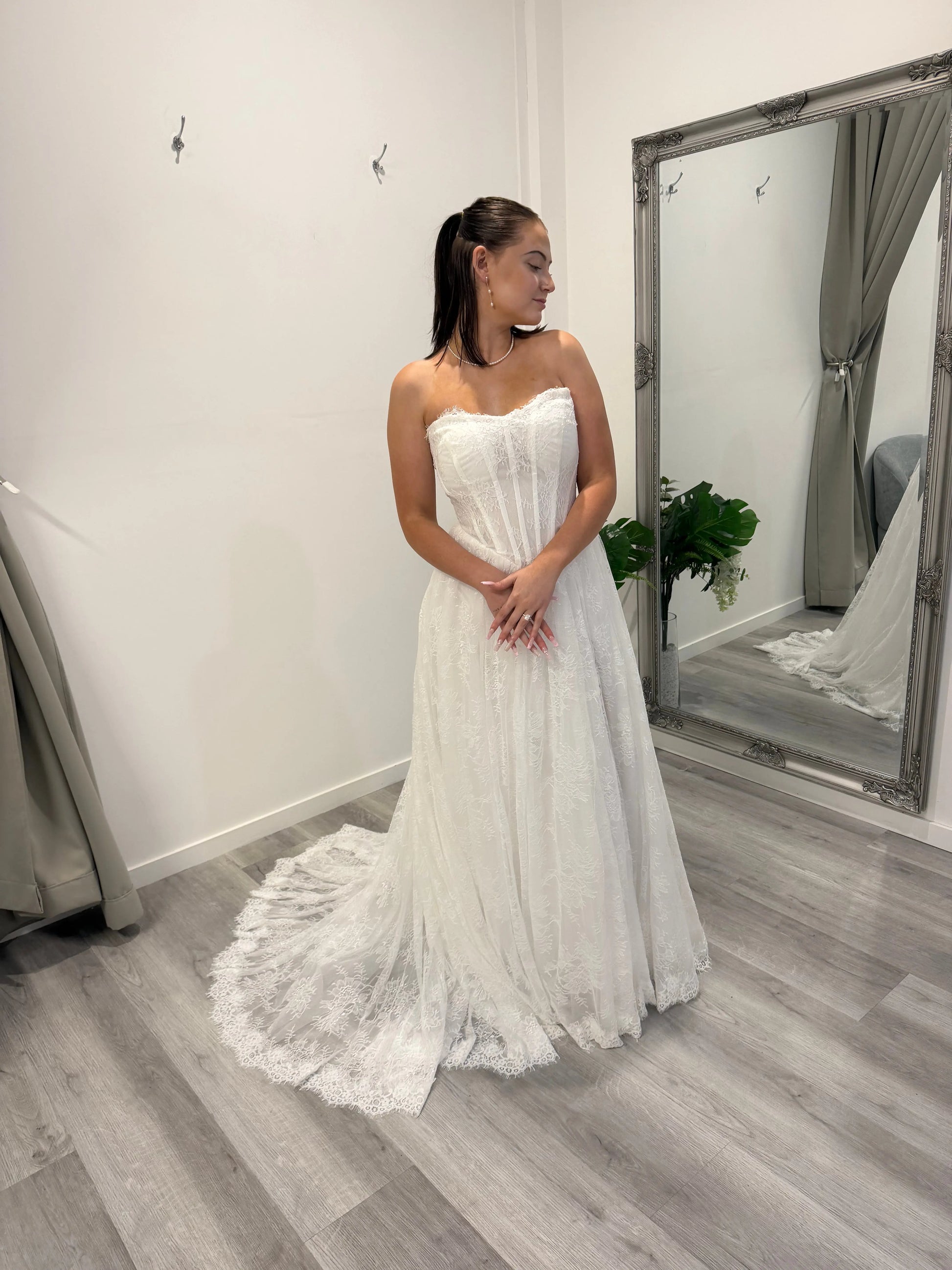Lydia Strapless Lace Wedding Dress Melbourne with Slit.