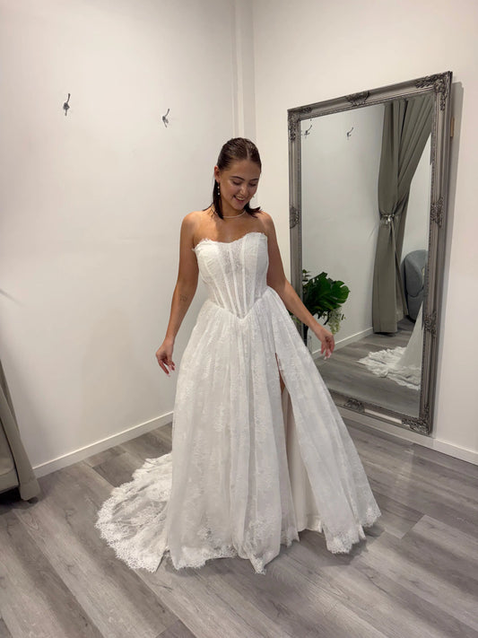 Front view of the Lydia strapless lace wedding dress Melbourne – sweetheart corset bodice with delicate floral lace at Divine Bridal Macleod