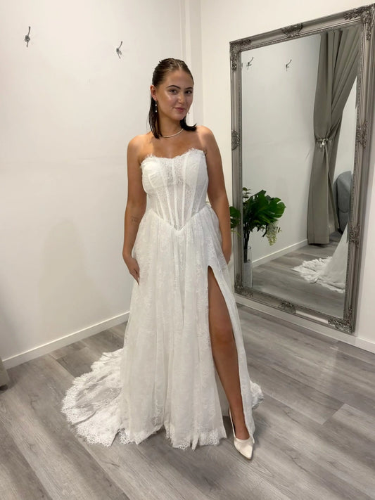 Front view of the Lydia strapless lace wedding dress Melbourne – sweetheart corset bodice with delicate floral lace at Divine Bridal Macleod