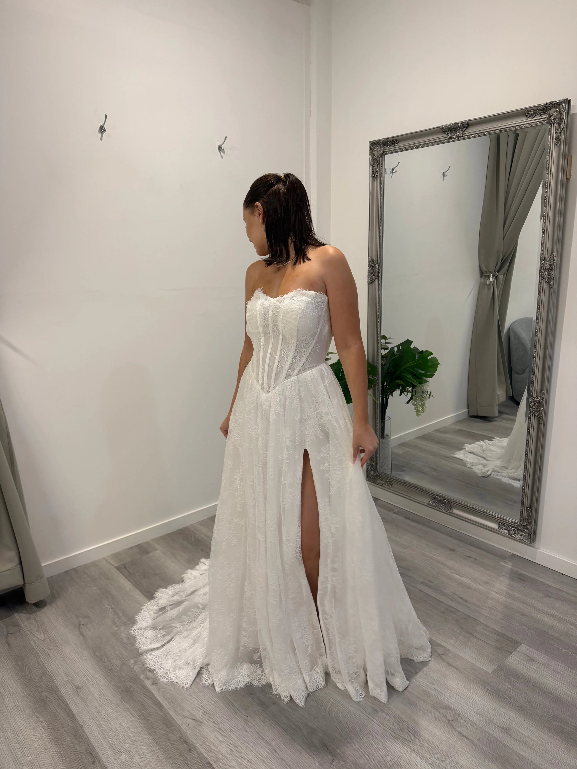 Lydia Strapless Lace Wedding Dress Melbourne with Slit.