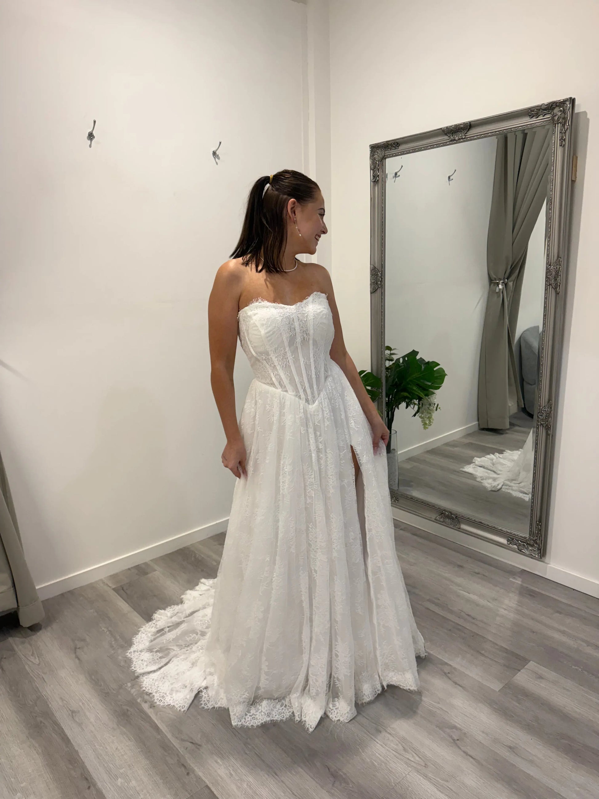 Lydia Strapless Lace Wedding Dress Melbourne with Slit.