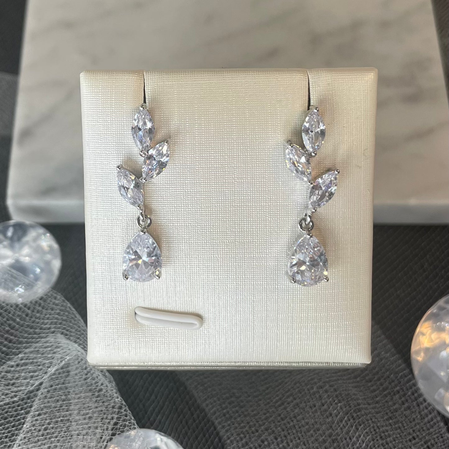 Millie Bridal Earrings with Leaf Cubic Zirconia and Water Drop Detail - Divine Bridal