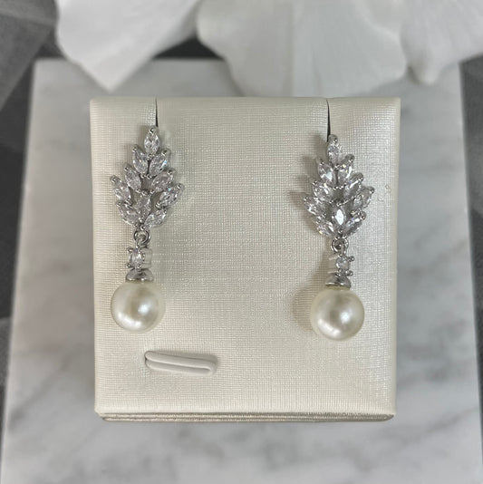 Celine Bridal Earrings with Trio of Crystals and Freshwater Pearl Drop - Divine Bridal