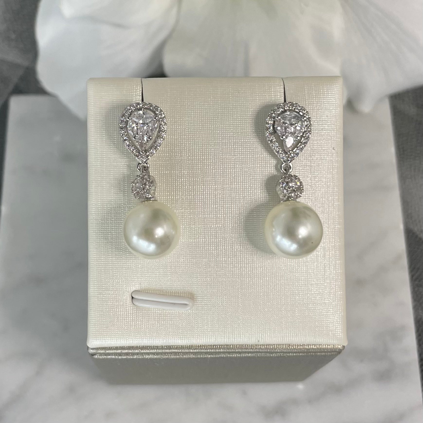 Ella Bridal Earrings with Teardrop Crystal and Freshwater Pearl Drop in Silver - Divine Bridal