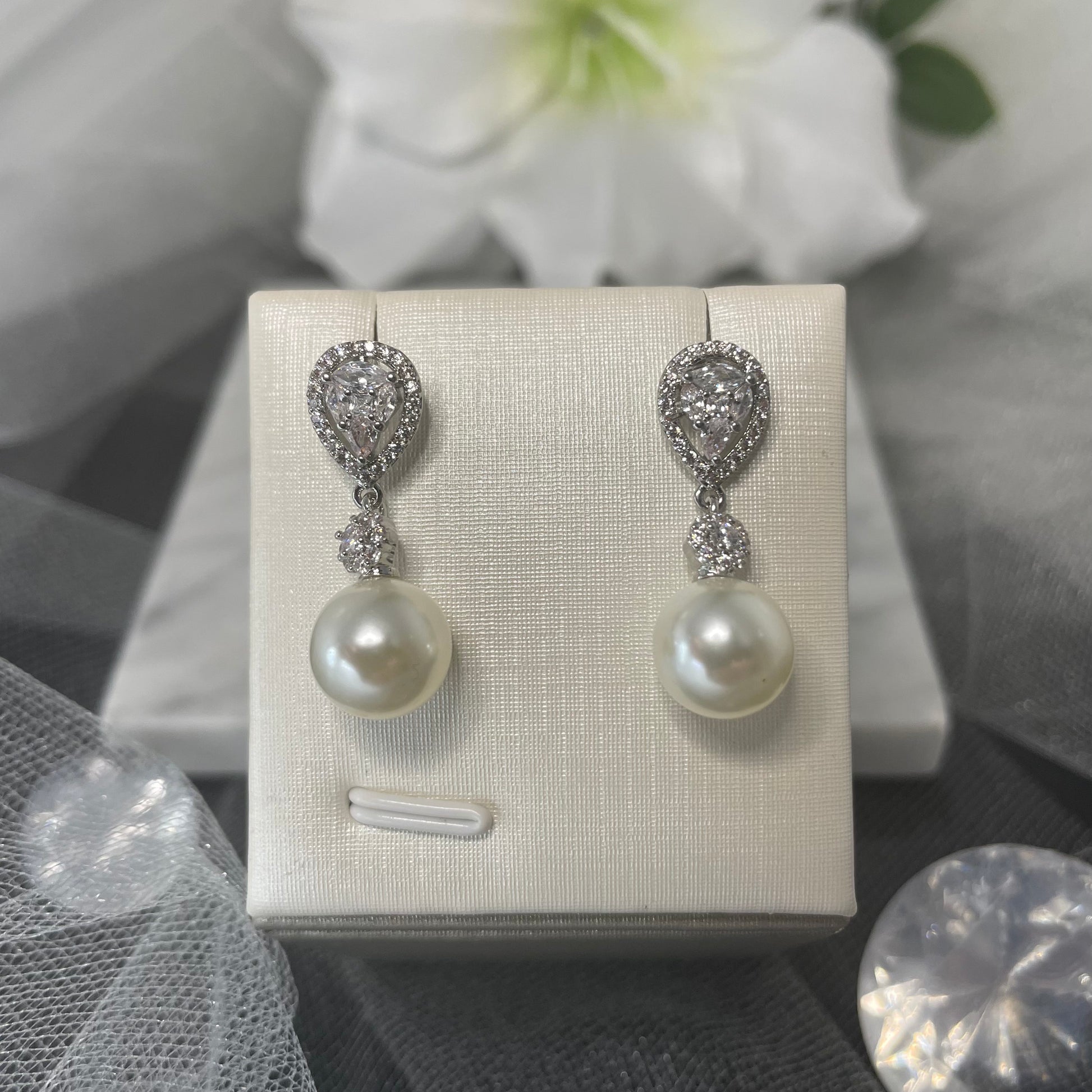 Ella Bridal Earrings with Teardrop Crystal and Freshwater Pearl Drop in Silver - Divine Bridal