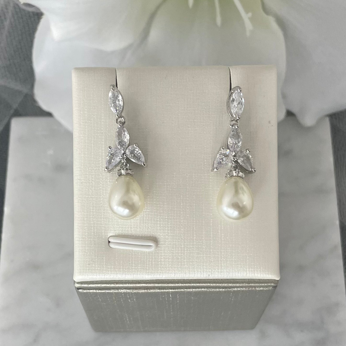 Ellet Bridal Earrings featuring CZ Stone Cluster and Freshwater Pearl Drop in Silver - Divine Bridal