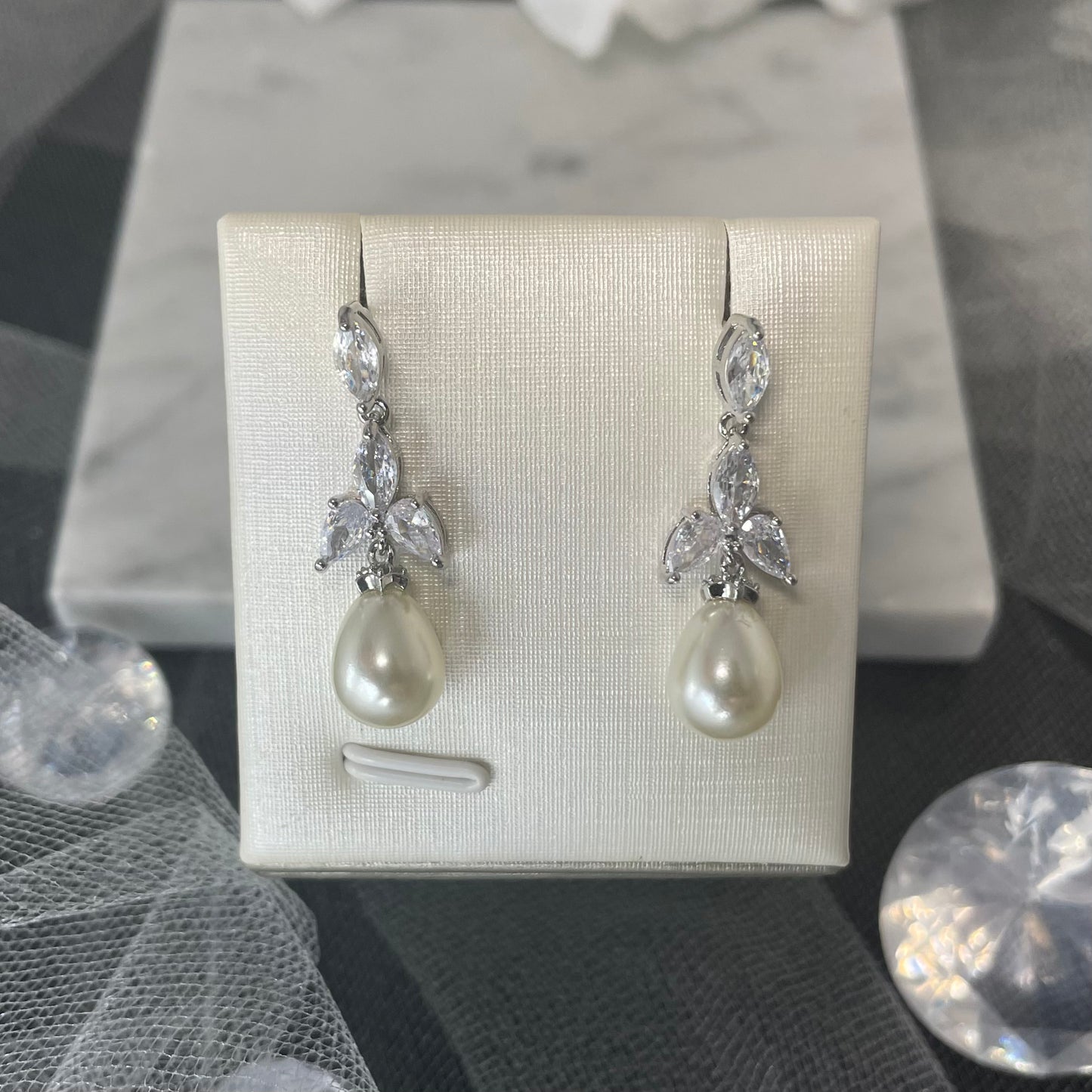 Ellet Bridal Earrings featuring CZ Stone Cluster and Freshwater Pearl Drop in Silver - Divine Bridal