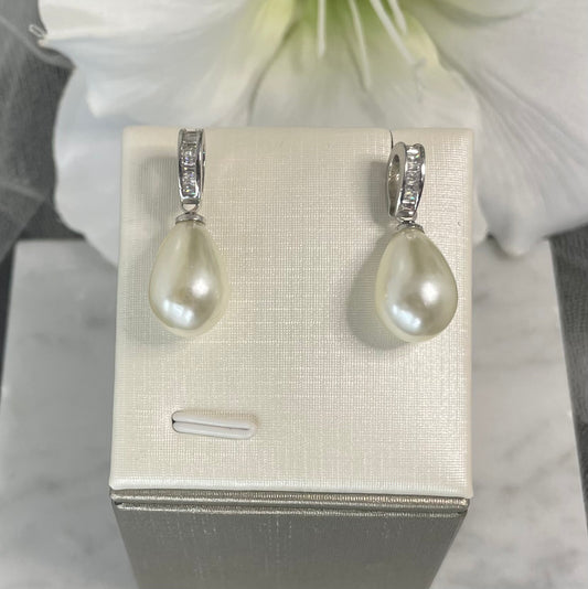 Madeline Bridal Earrings with Cushion-Cut Crystal Hoop and Pearl Drop in Silver - Divine Bridal