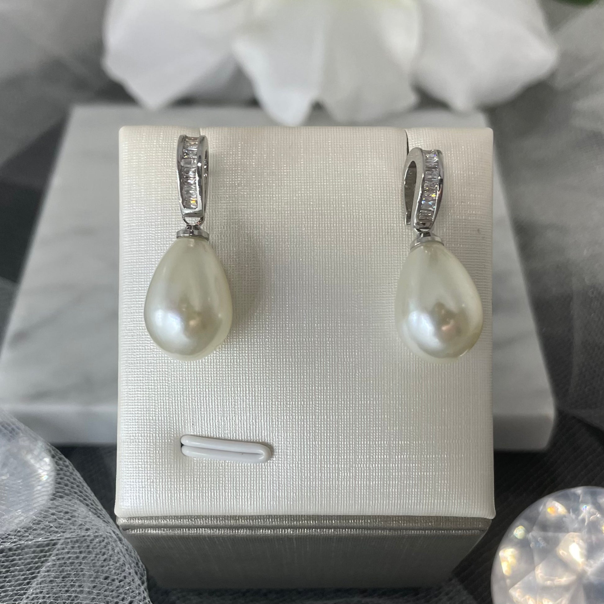 Madeline Bridal Earrings with Cushion-Cut Crystal Hoop and Pearl Drop in Silver - Divine Bridal