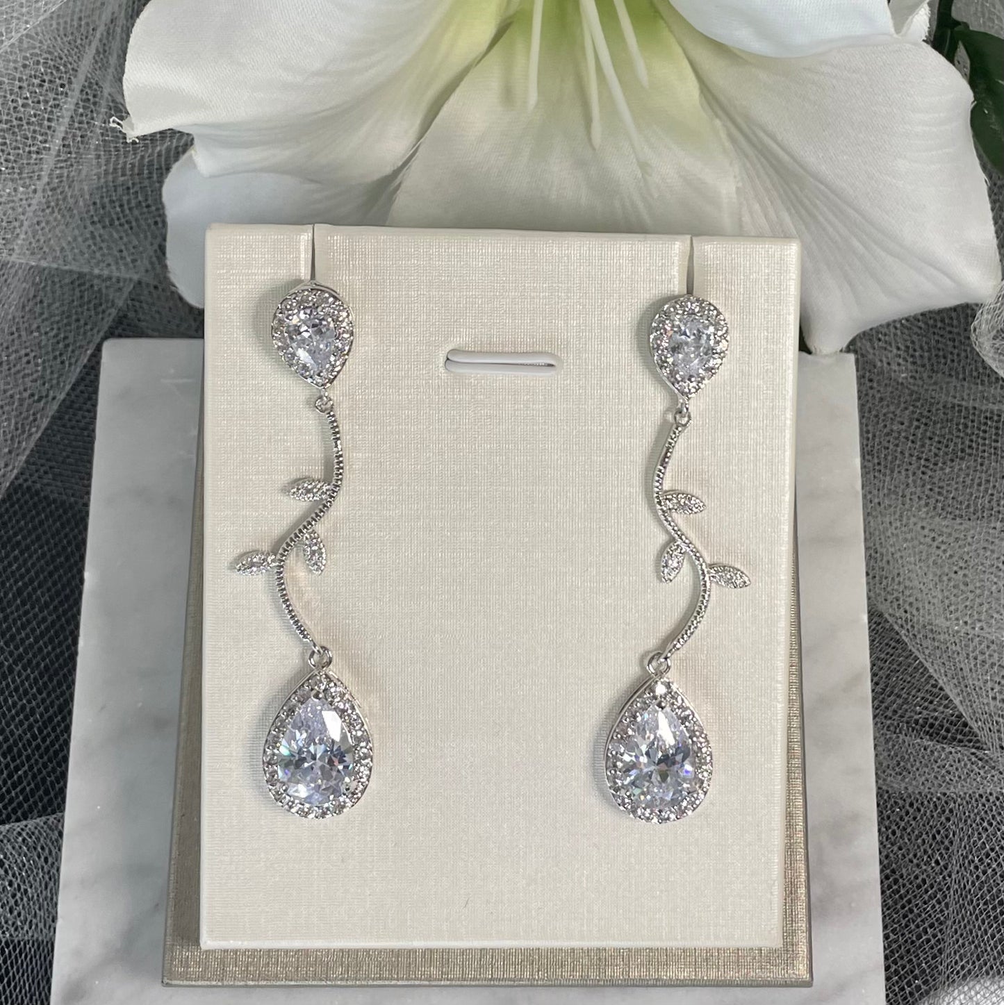Katty Bridal Earrings with Leaf Crystal CZ and Water Drop Design - Divine Bridal