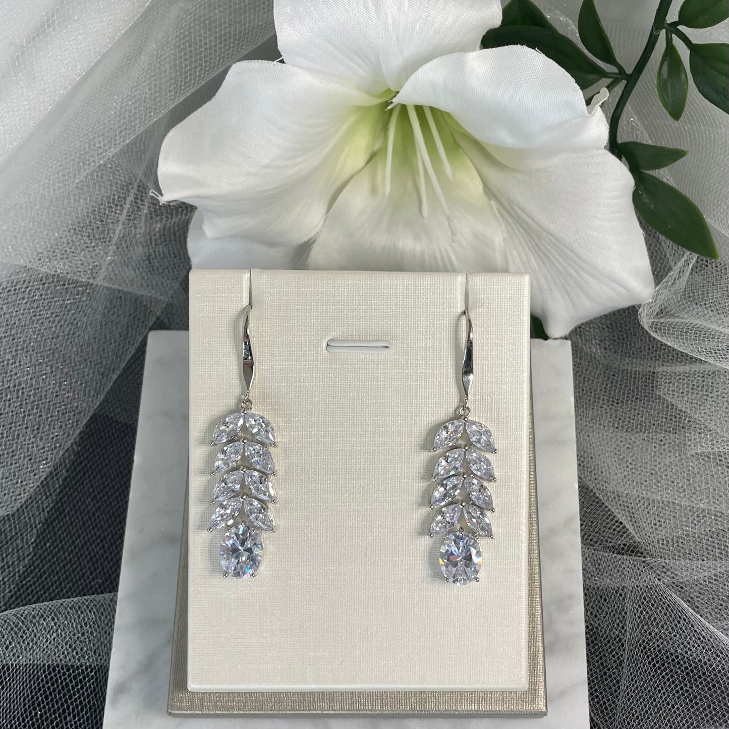 Ember 925 Silver Bridal Earrings with Sparkling Leaf Drop Zircon Stones - Divine Bridal