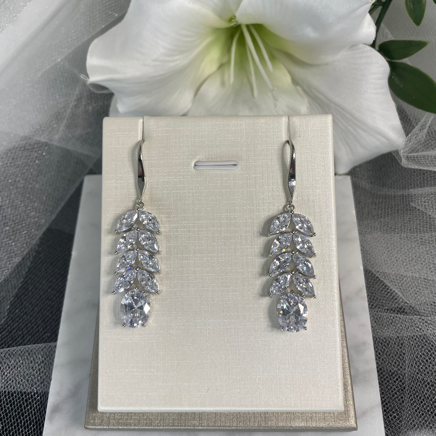 Ember 925 Silver Bridal Earrings with Sparkling Leaf Drop Zircon Stones - Divine Bridal