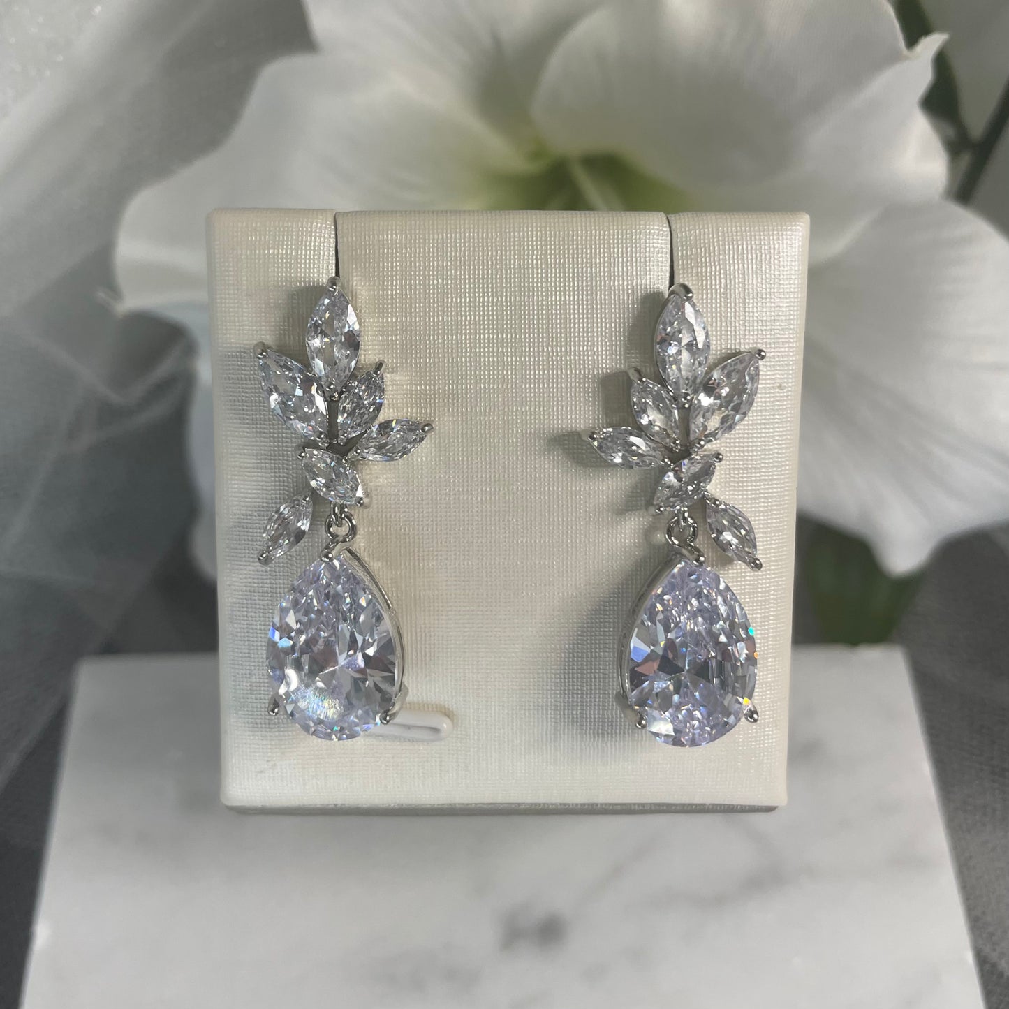 Dara Bridal Wedding Earrings with Leaf-Shaped CZ Stones and Water Drop Crystal - Divine Bridal