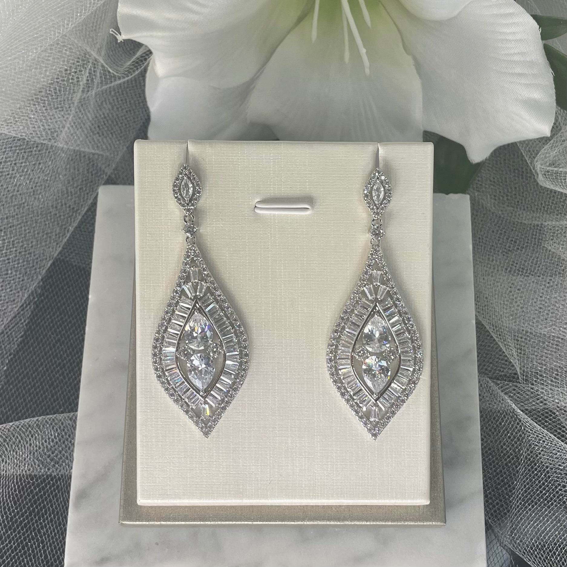 Brooke CZ Long Drop Bridal Earrings for Wedding and Prom - Divine Bridal