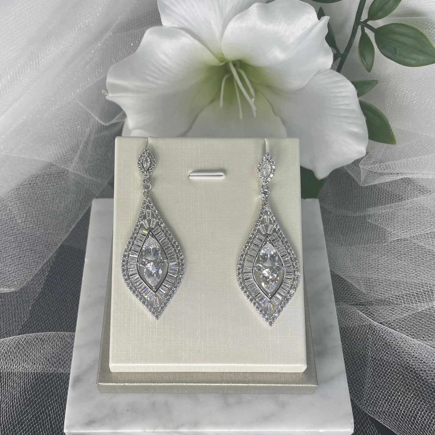 Luxurious Cubic Zirconia Dangle Earrings in Silver - Divine Bridal's Brooke Collection
