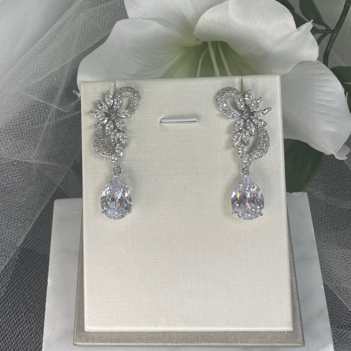 Ava Wedding Bridal Earrings with Silver Plated Zircon in Geometric Design - Divine Bridal