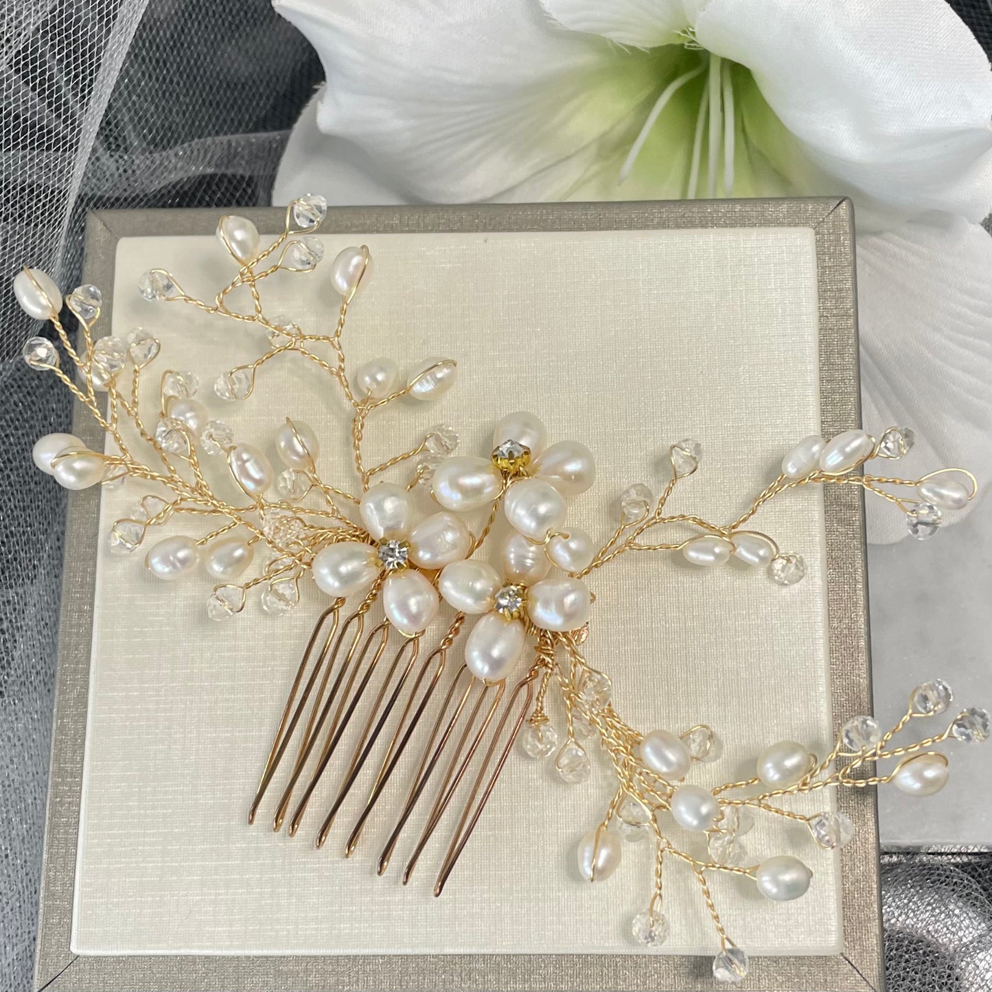 Adalynn pearl and Crystal Wedding comb in gold wire
