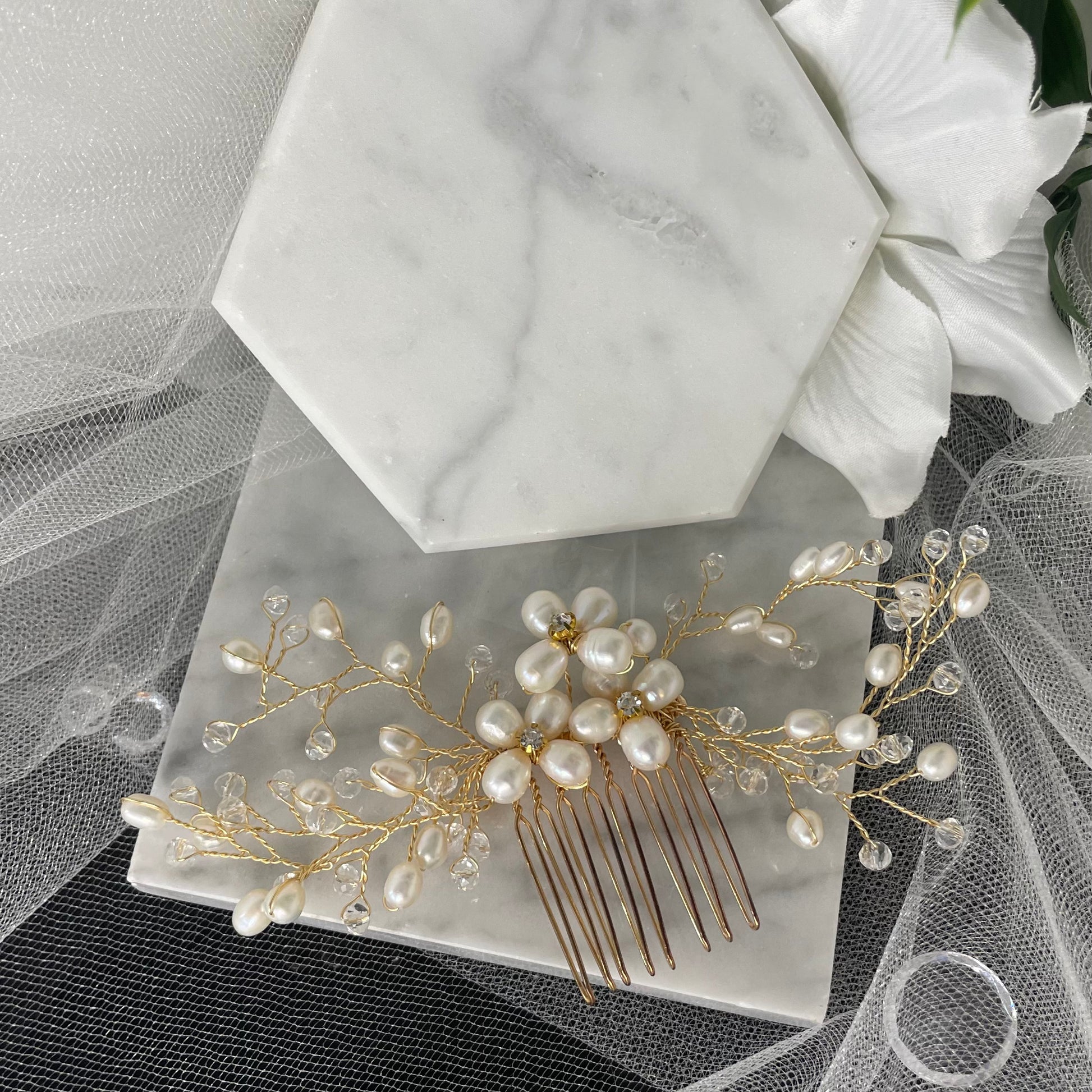 Adalynn pearl and Crystal Wedding comb in gold wire
