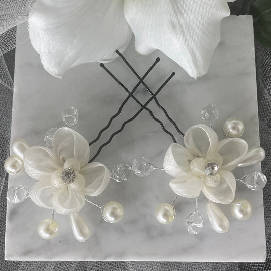 Chic Flower, Diamantés, and Pearl Hairpins featuring a black pin with organza flower, crystals, and pearls, ideal for adding elegance and sparkle to bridal accessories and everyday hairstyles.