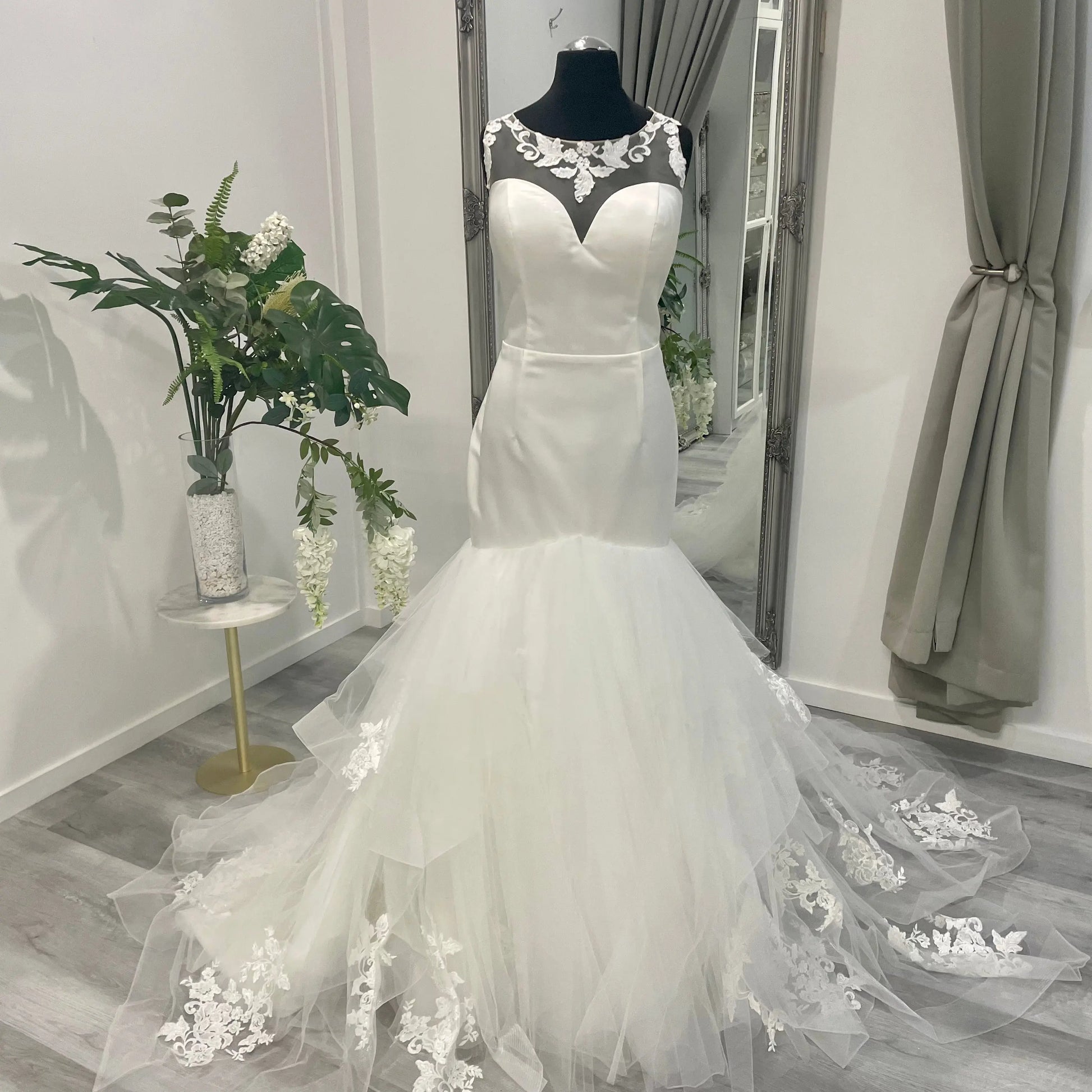 Back view of trumpet wedding dress with couture lace