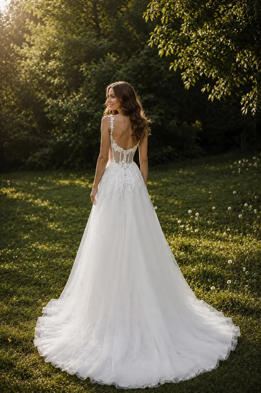 Back view of the Isabel floral lace wedding dress Melbourne with detailed lace and train