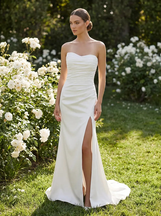Isabella Strapless Ruched Mermaid Wedding Dress with Thigh Slit | Divine Bridal Melbourne.