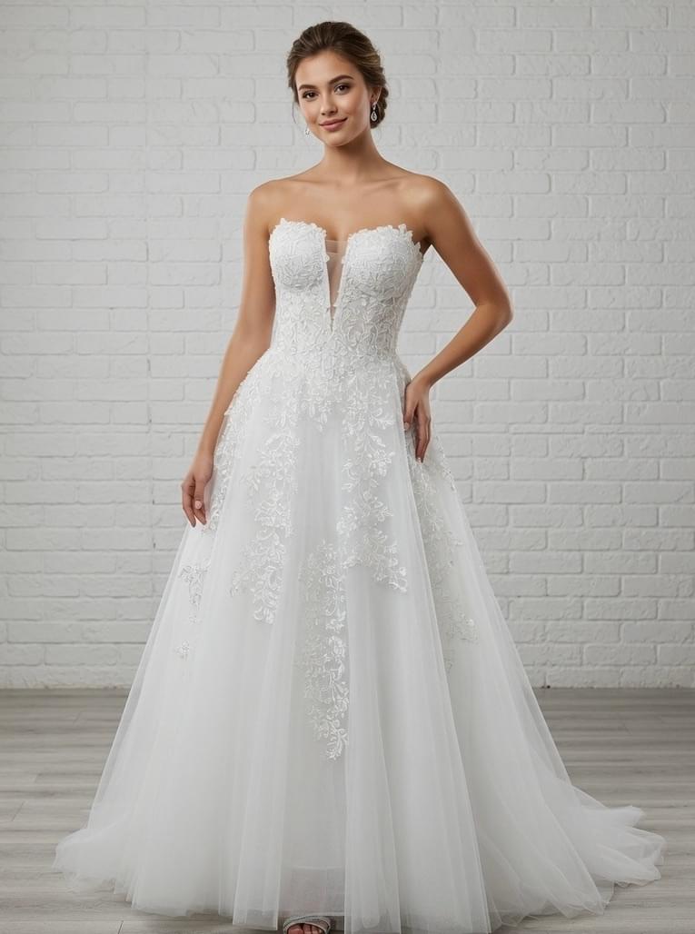 Josie Lace Appliqué Strapless Sweetheart White Debutante Ball Gown on model - elegant lace tulle ball gown