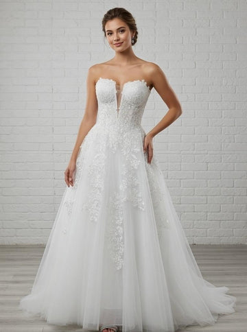 Josie Lace Appliqué Strapless Sweetheart White Debutante Ball Gown on model - elegant lace tulle ball gown